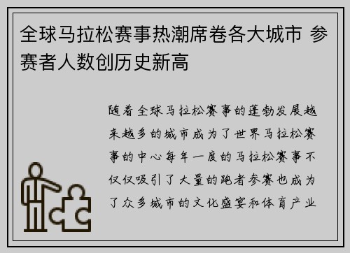 全球马拉松赛事热潮席卷各大城市 参赛者人数创历史新高