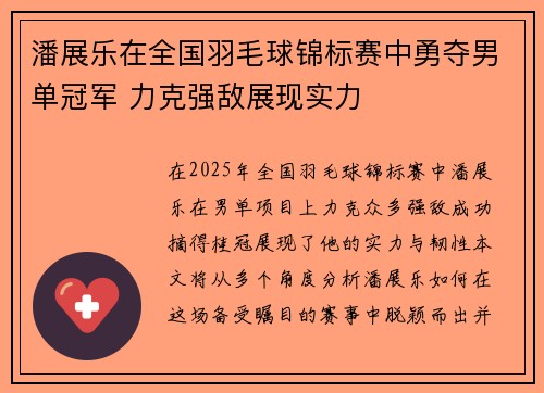 潘展乐在全国羽毛球锦标赛中勇夺男单冠军 力克强敌展现实力